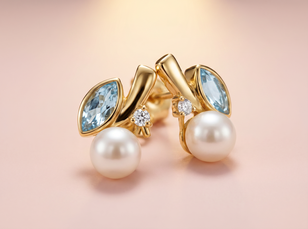 Pearl & Blue Topaz Stud Earrings – Gold